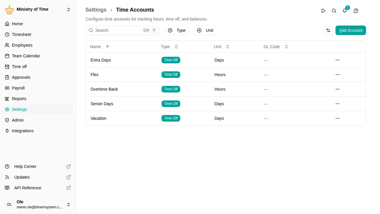The time accounts list showing type and unit for each account