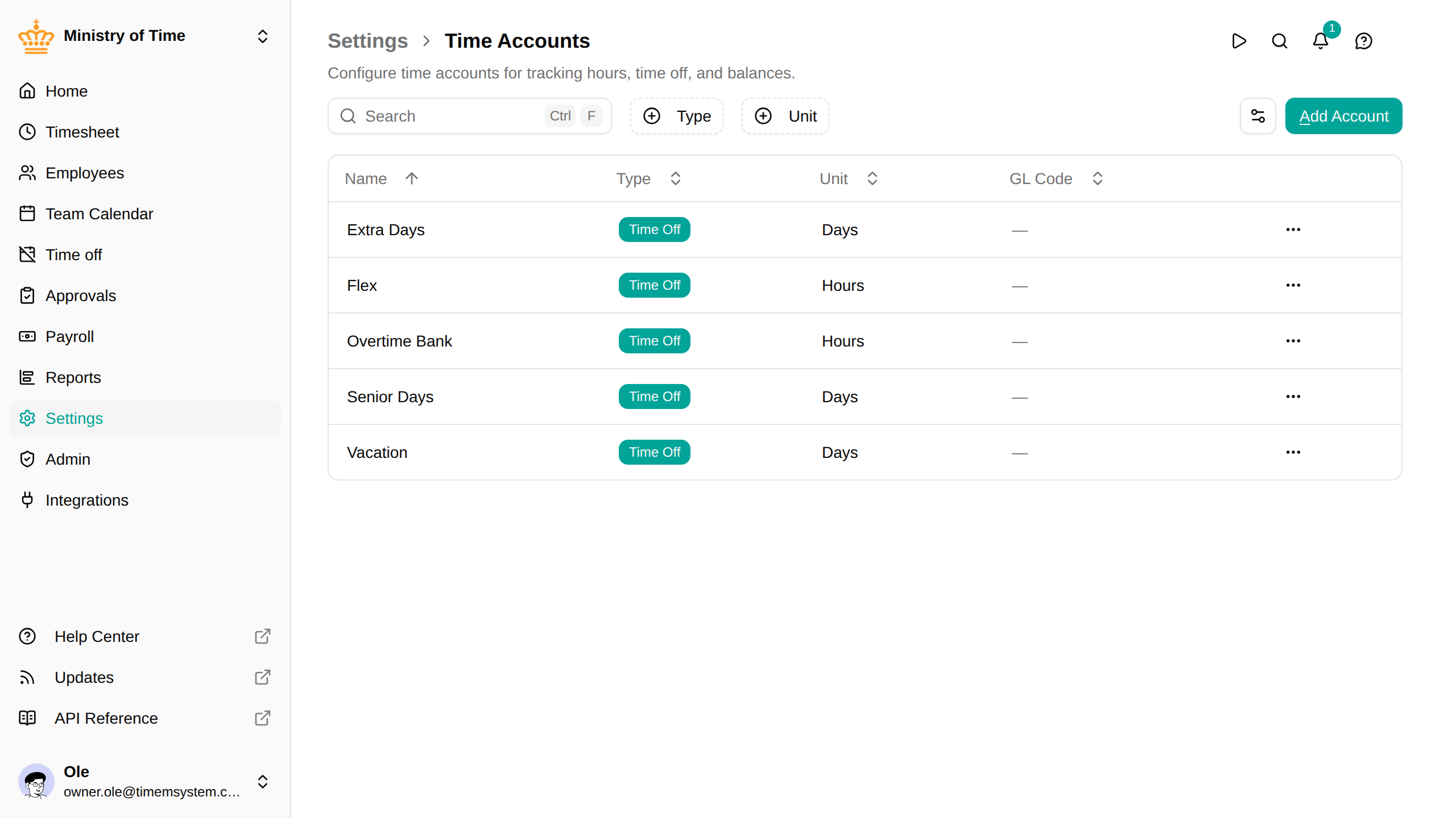 The time accounts list showing type and unit for each account