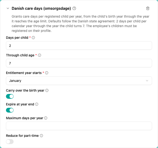 Danish care days plugin configuration