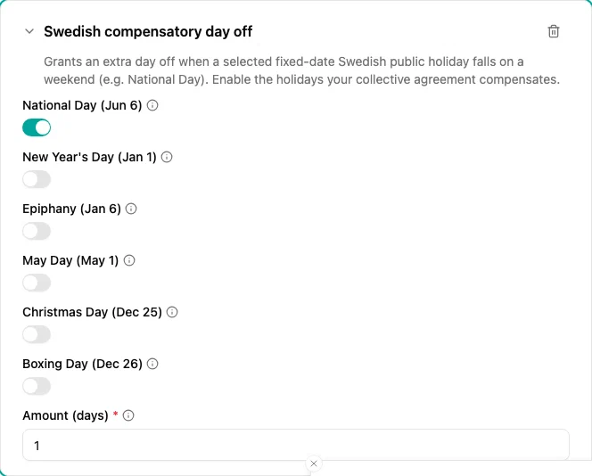 Swedish compensatory day off plugin configuration
