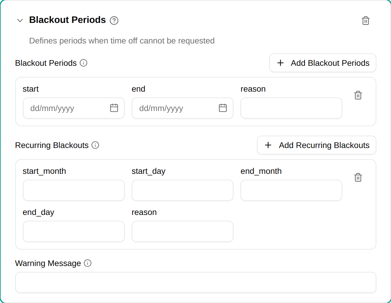 Blackout periods configuration