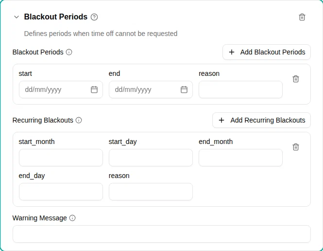 Blackout periods configuration