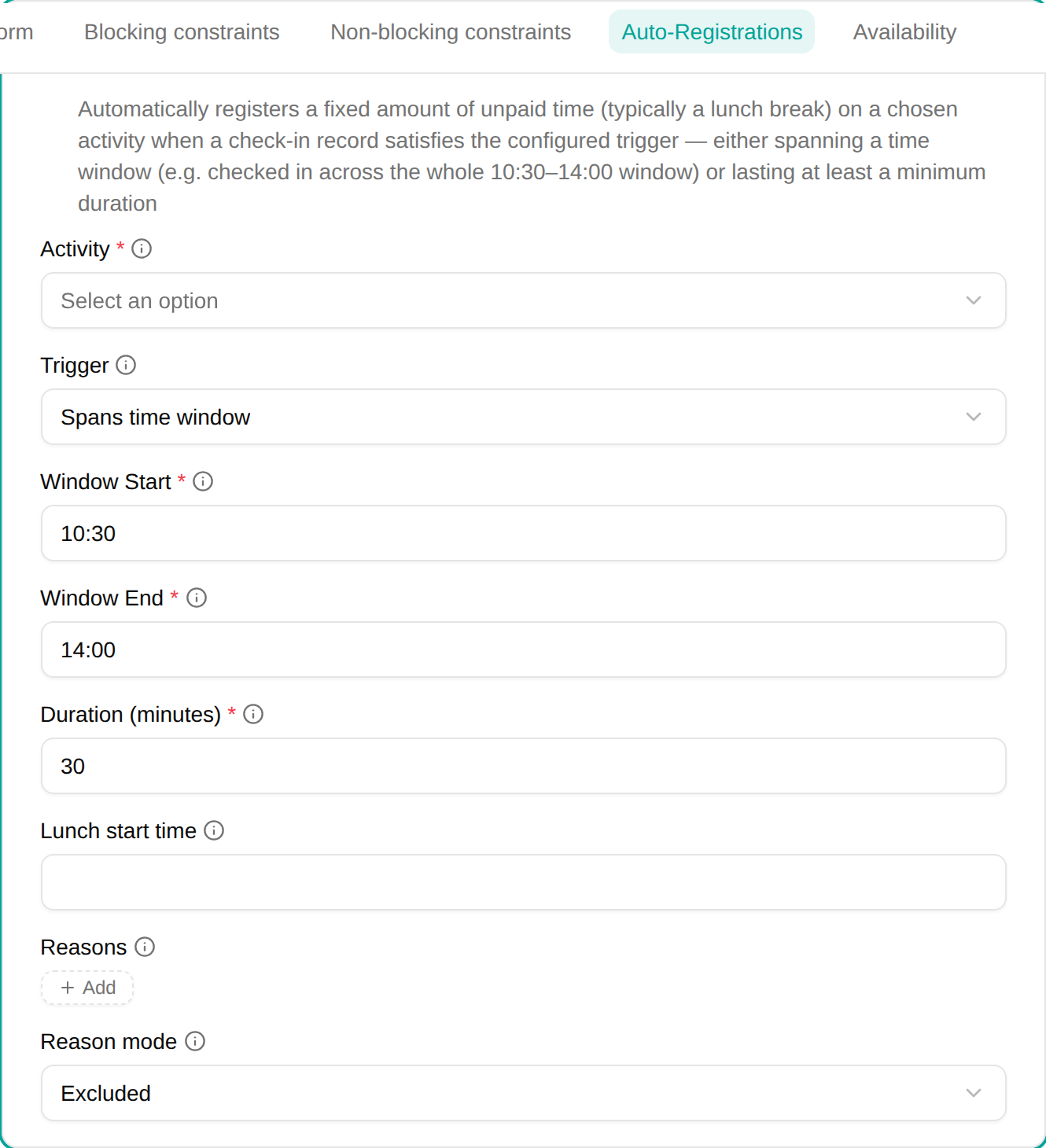 Lunch Deduction plugin configuration