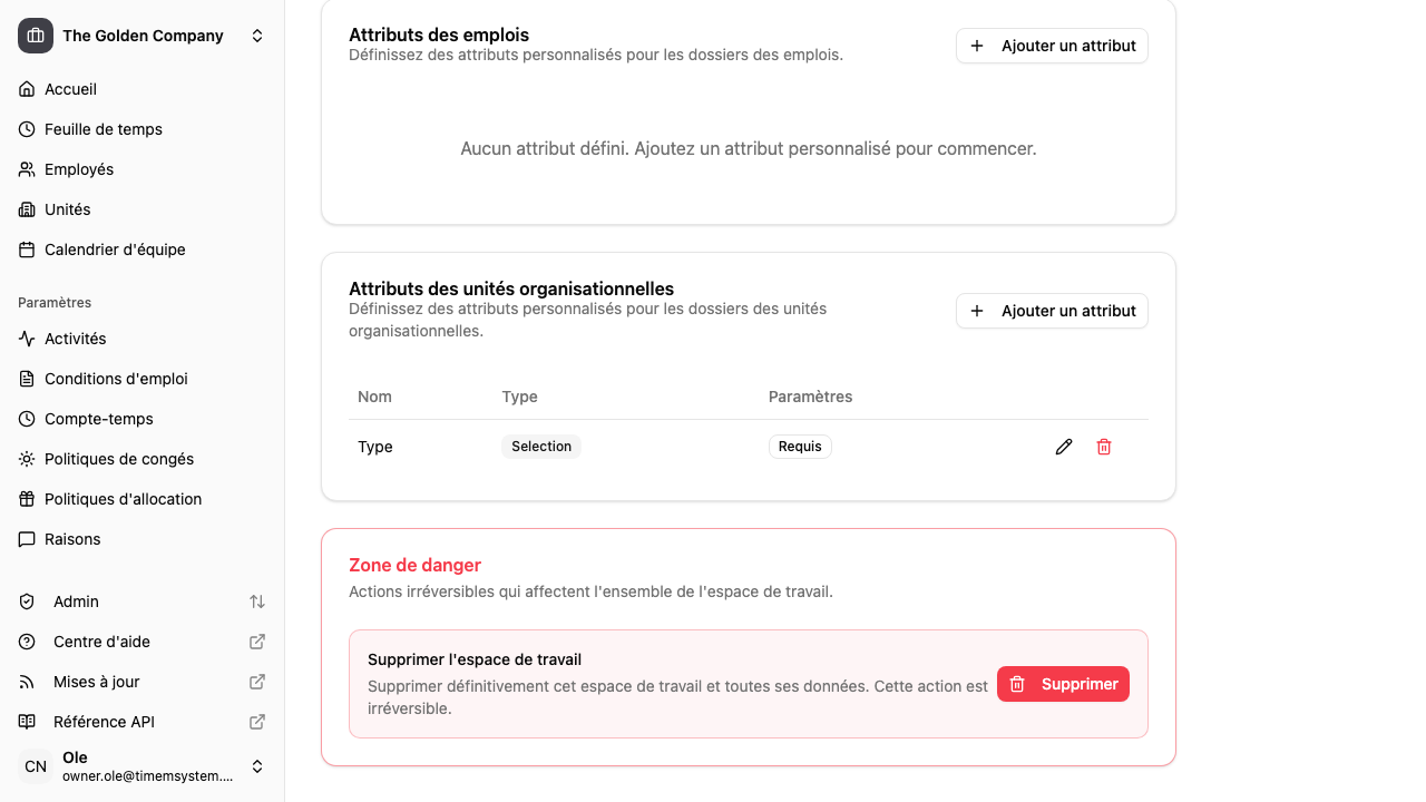 Section zone de danger montrant l'option de suppression de l'espace de travail