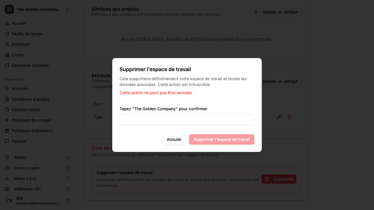 Boîte de dialogue de confirmation de suppression de l'espace de travail