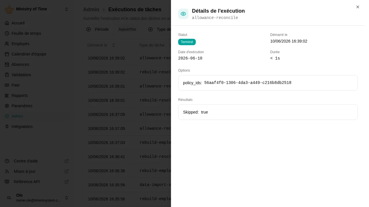 Détails de l'exécution de tâche