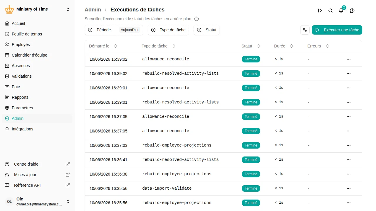 Liste des exécutions de tâches
