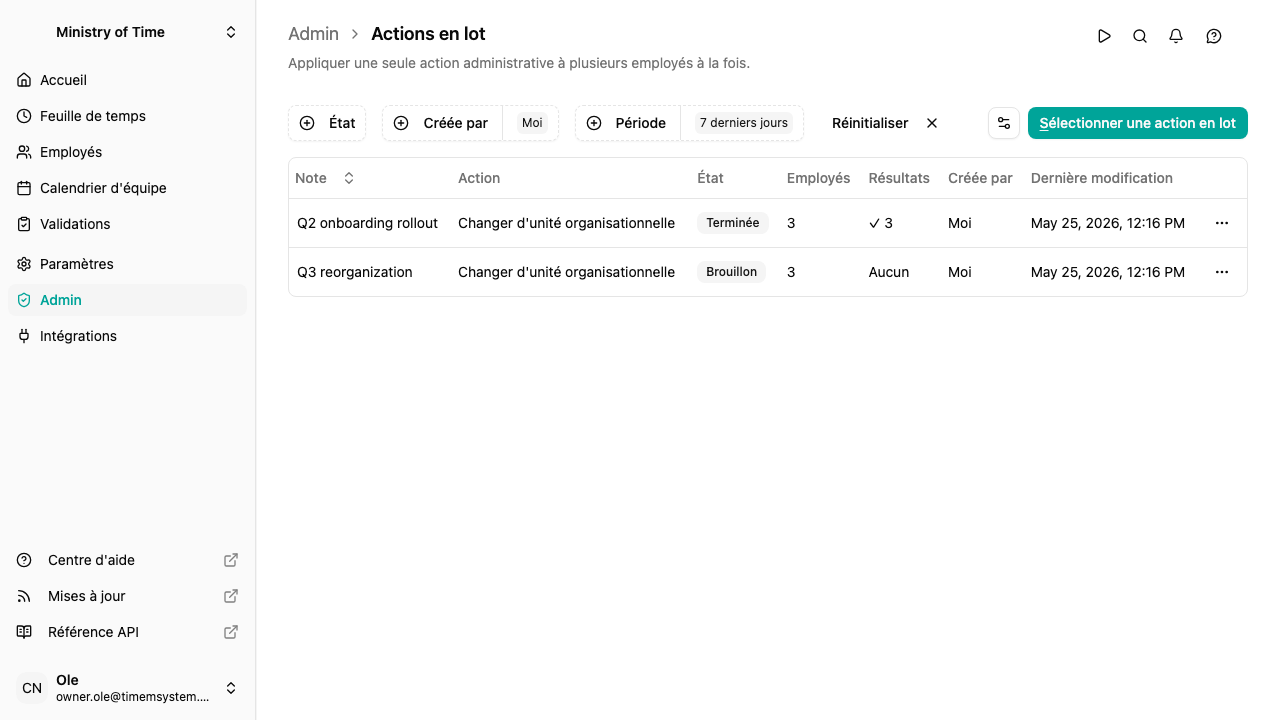 Liste des actions en lot