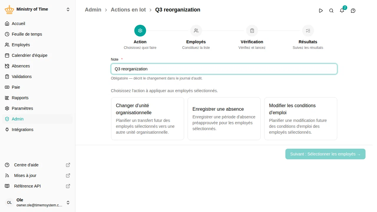 Assistant de modification en lot, étape Action