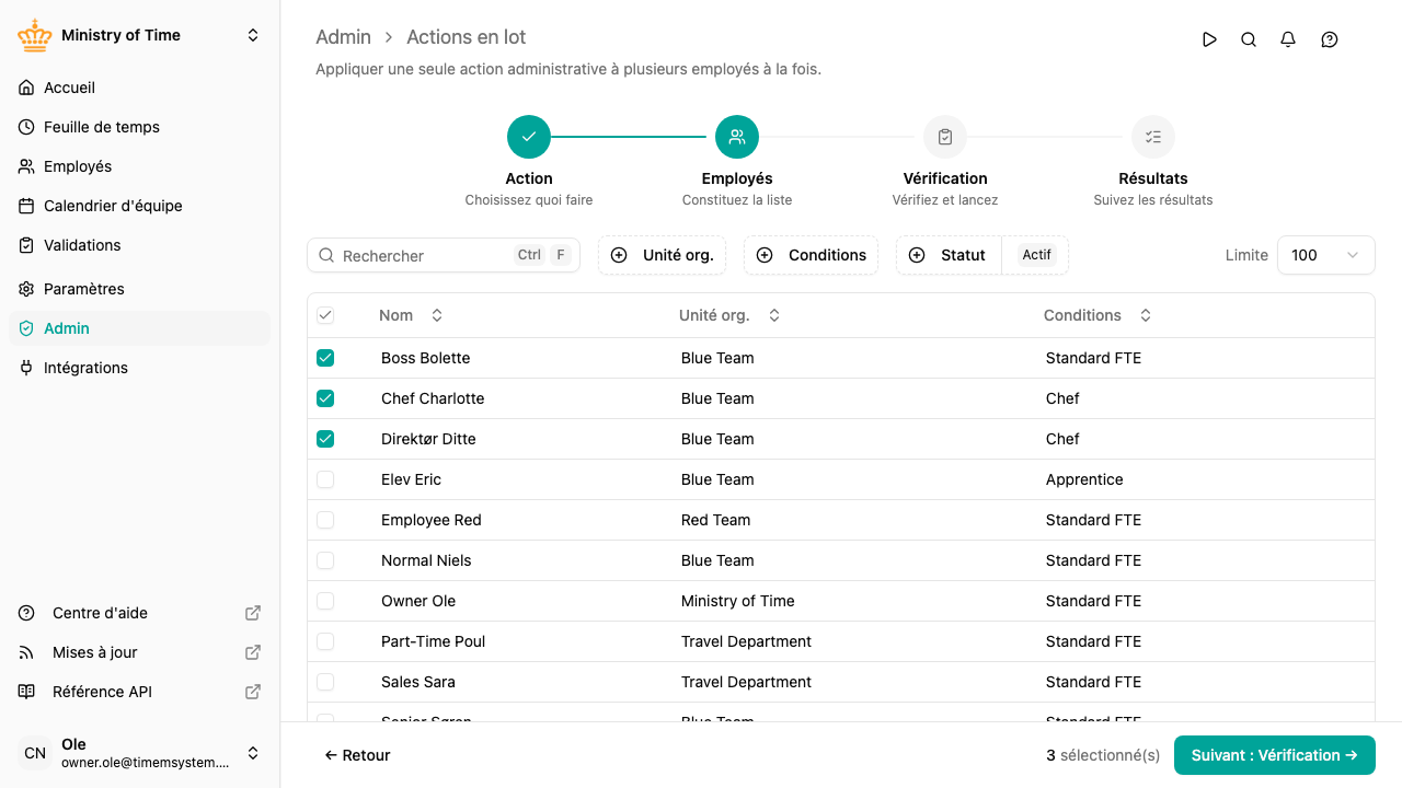 Assistant d'action en lot, étape Sélection des employés