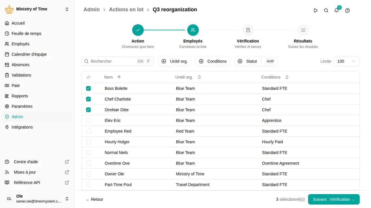 Assistant de modification en lot, étape Sélection des employés