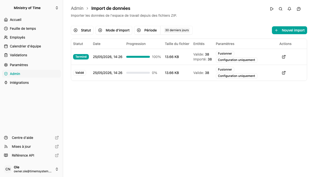 Liste des imports de données