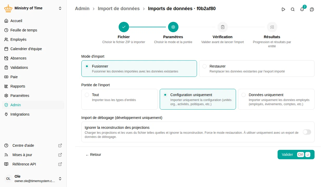 Assistant d'import, étape Paramètres