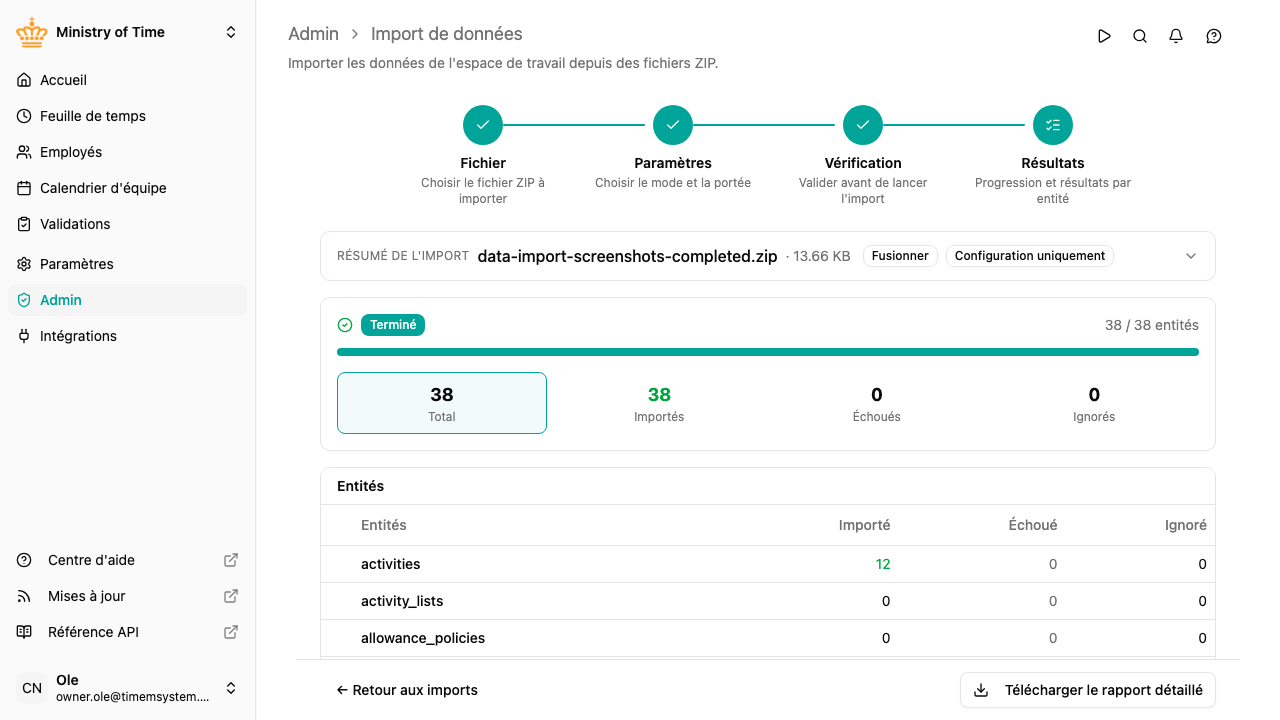Assistant d'import, étape Résultats