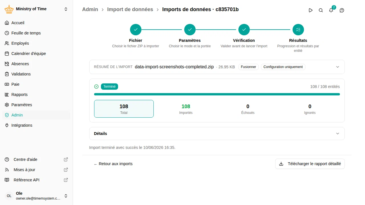 Assistant d'import, étape Résultats