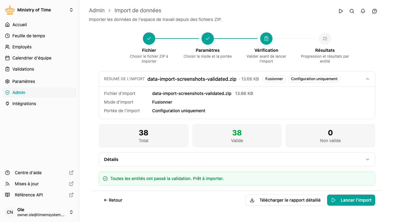 Assistant d'import, étape Revue