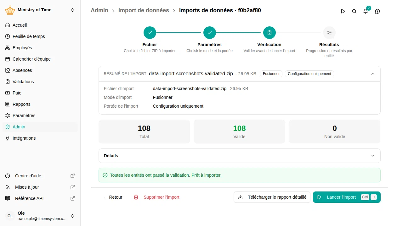 Assistant d'import, étape Revue