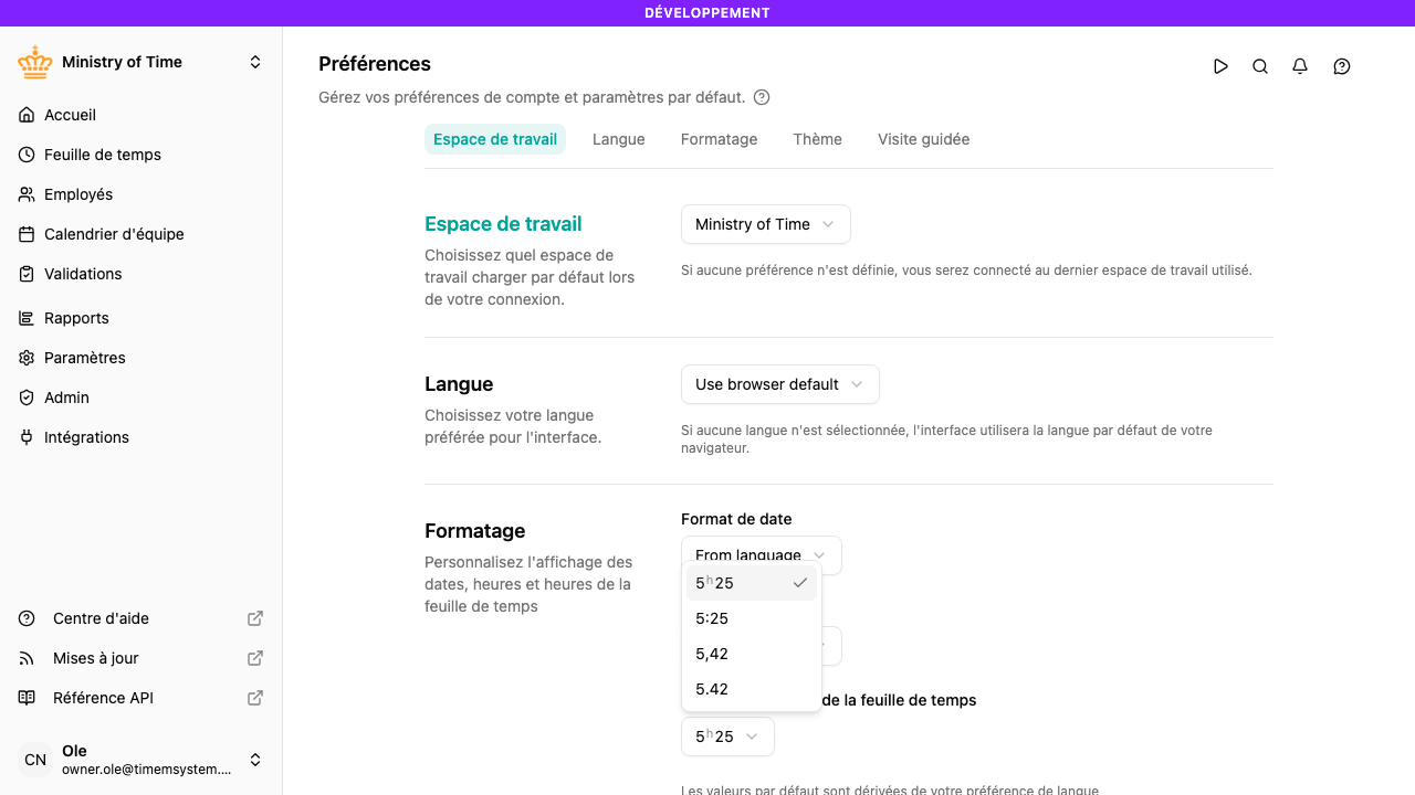 Réglage du format des heures dans les Préférences