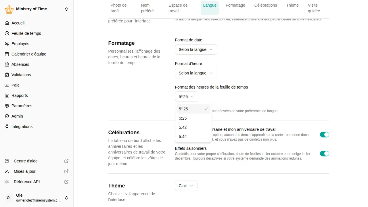 Réglage du format des heures dans les Préférences