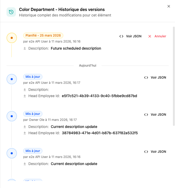 Panneau d'historique des versions montrant les modifications planifiées et appliquées