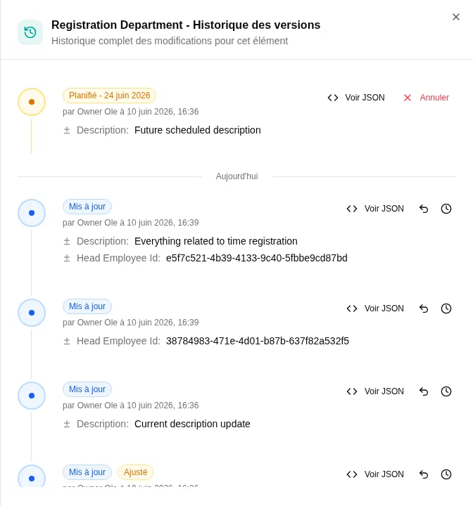 Panneau d'historique des versions montrant les modifications planifiées et appliquées