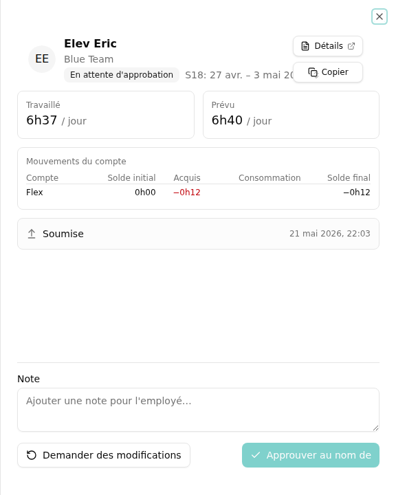 Détail d'une feuille de temps avec bloc flex