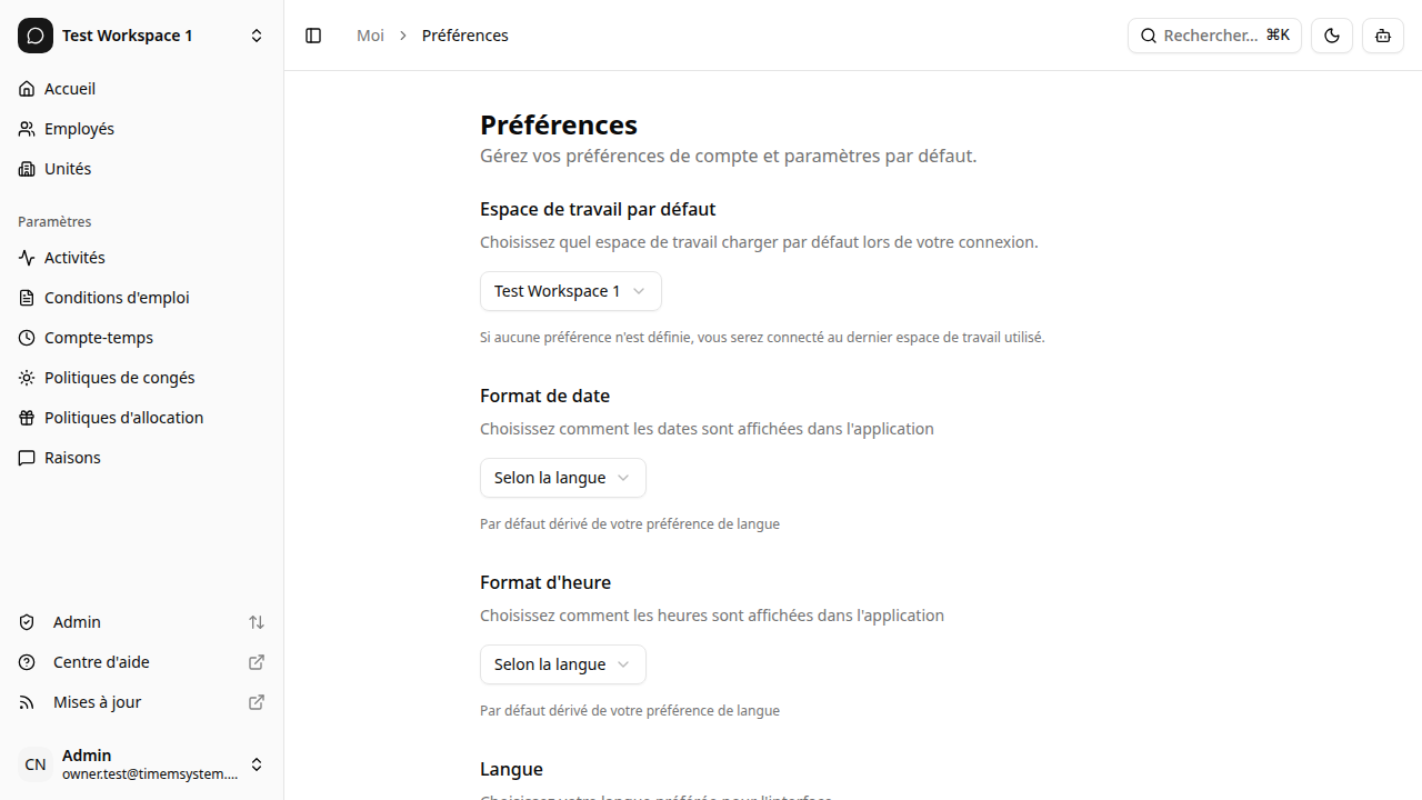 Page des préférences