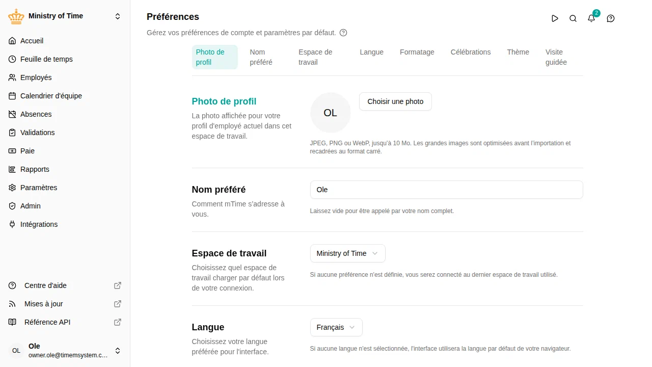 Page des préférences