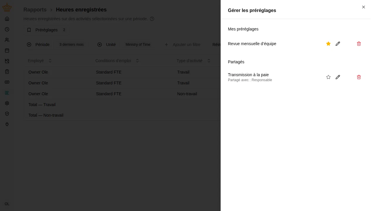 Panneau Gérer les préréglages listant les préréglages personnels et partagés avec leurs actions