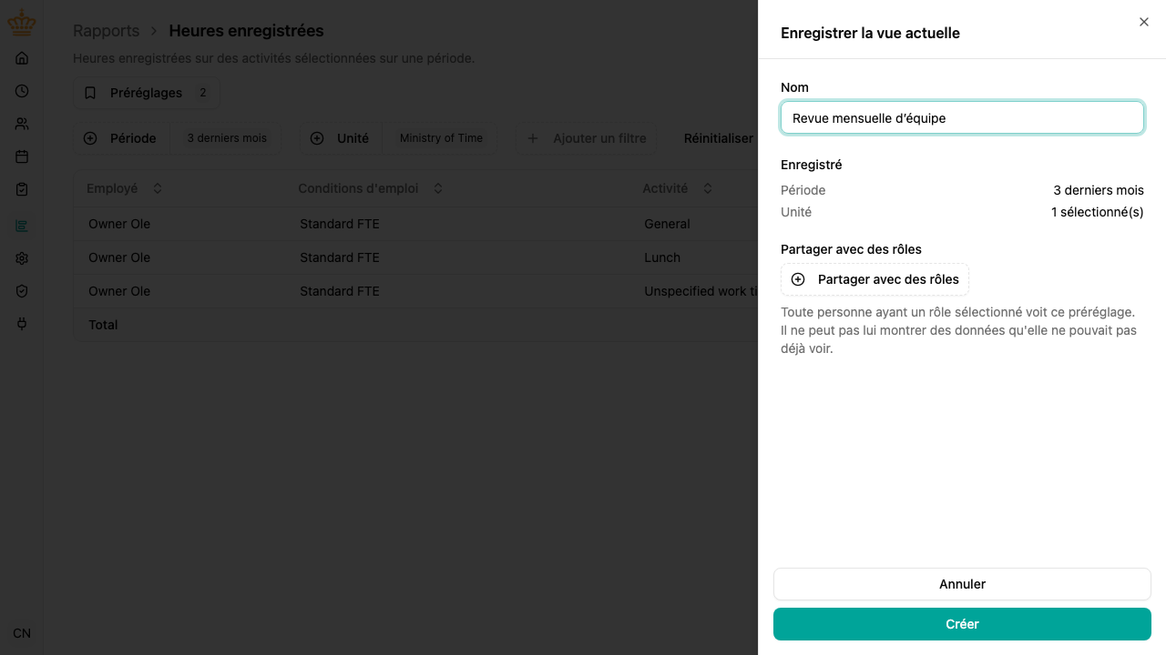 Panneau Enregistrer la vue actuelle avec le nom, ce qui est enregistré et le partage par rôle