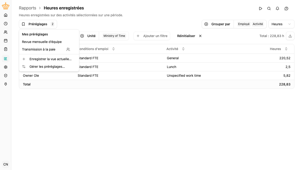 Menu Préréglages sur le rapport Heures enregistrées, avec les préréglages personnels et partagés