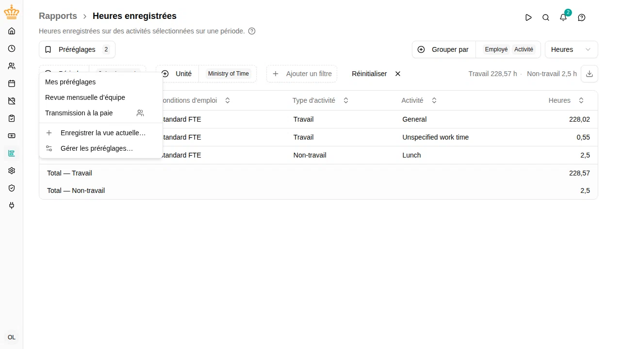 Menu Préréglages sur le rapport Heures enregistrées, avec les préréglages personnels et partagés