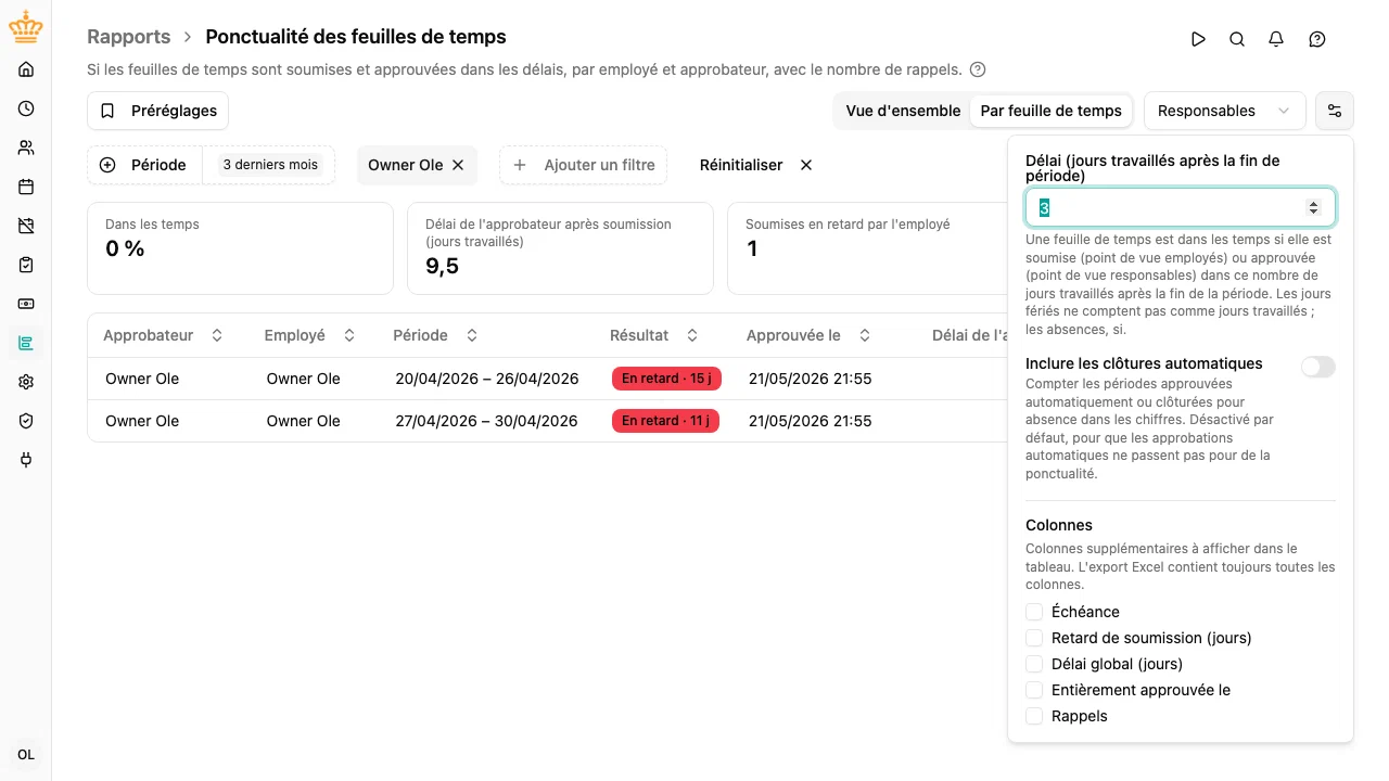 Les paramètres du rapport : l'objectif, les clôtures automatiques et les colonnes facultatives