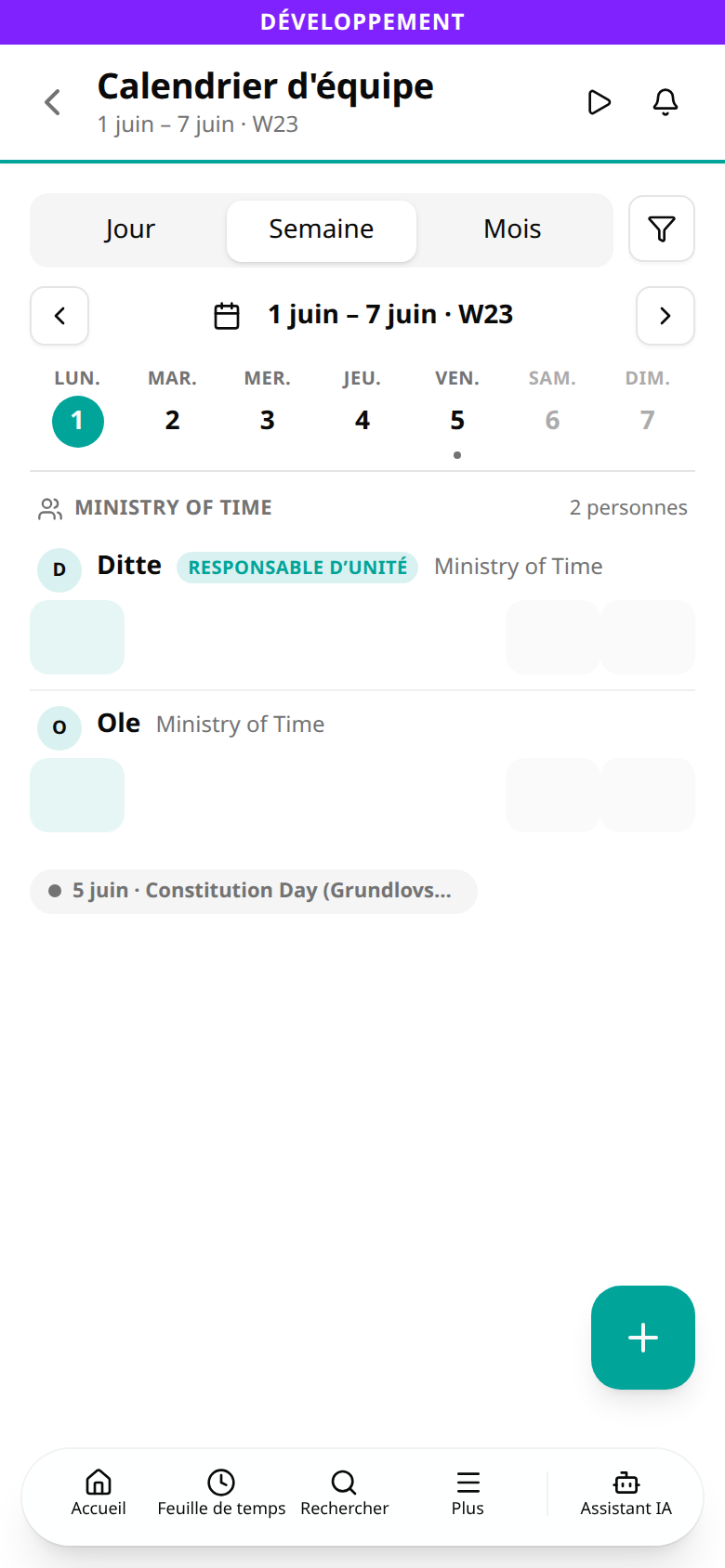 Vue semaine du calendrier d'équipe sur un téléphone