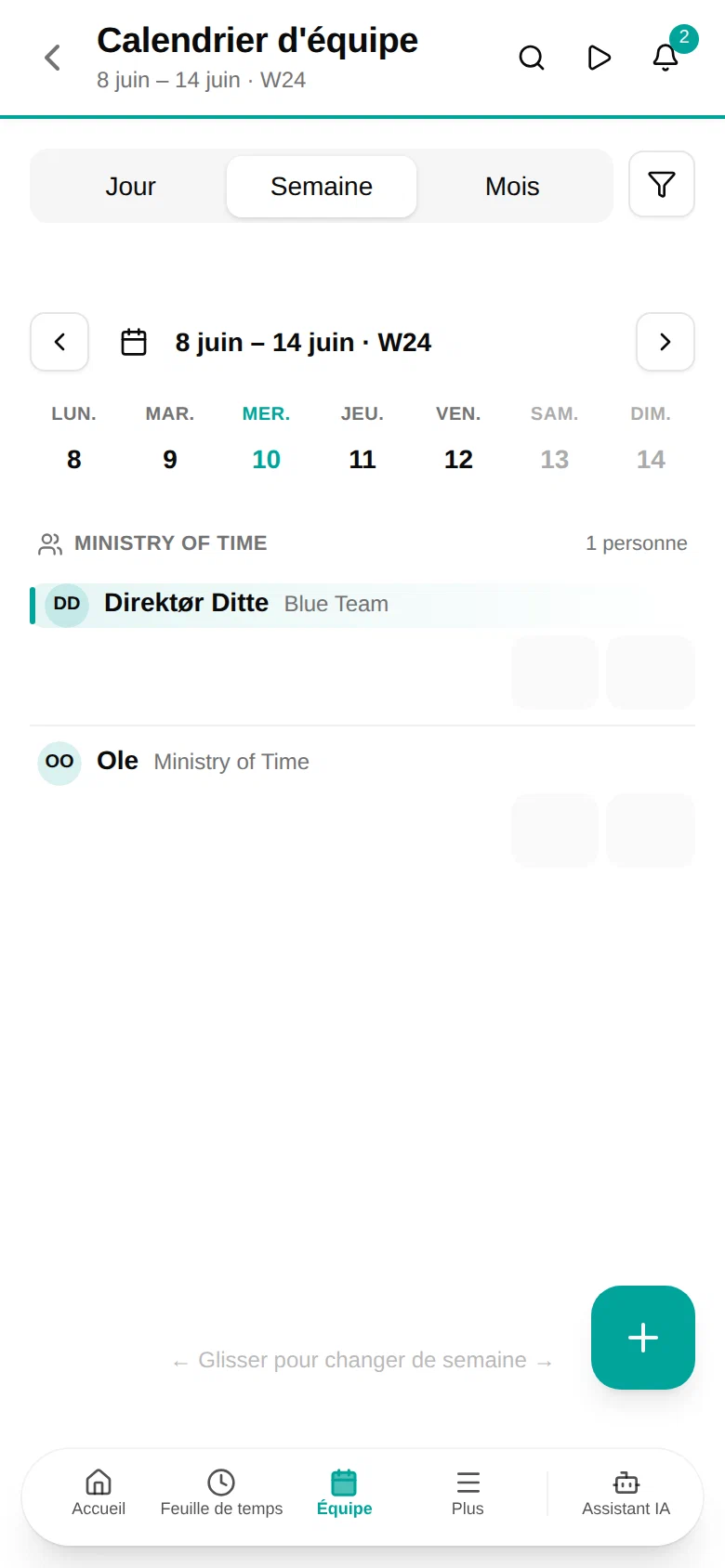 Vue semaine du calendrier d'équipe sur un téléphone