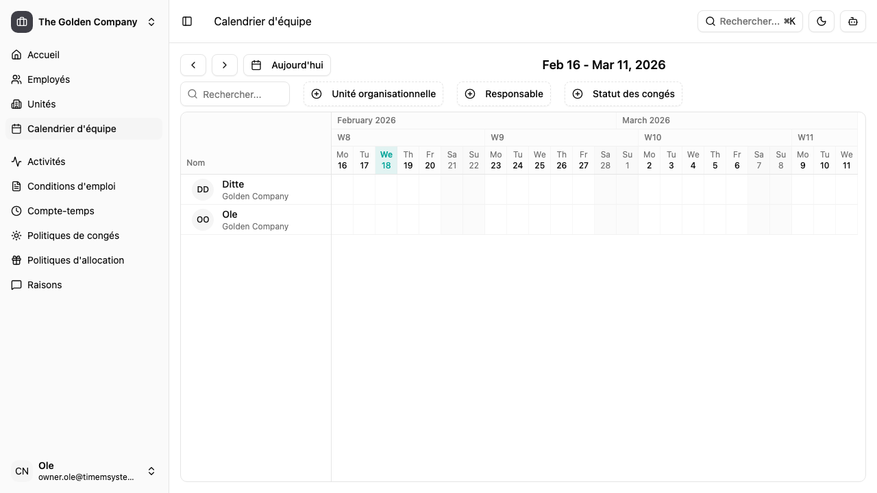 Calendrier d'équipe avec vue chronologique