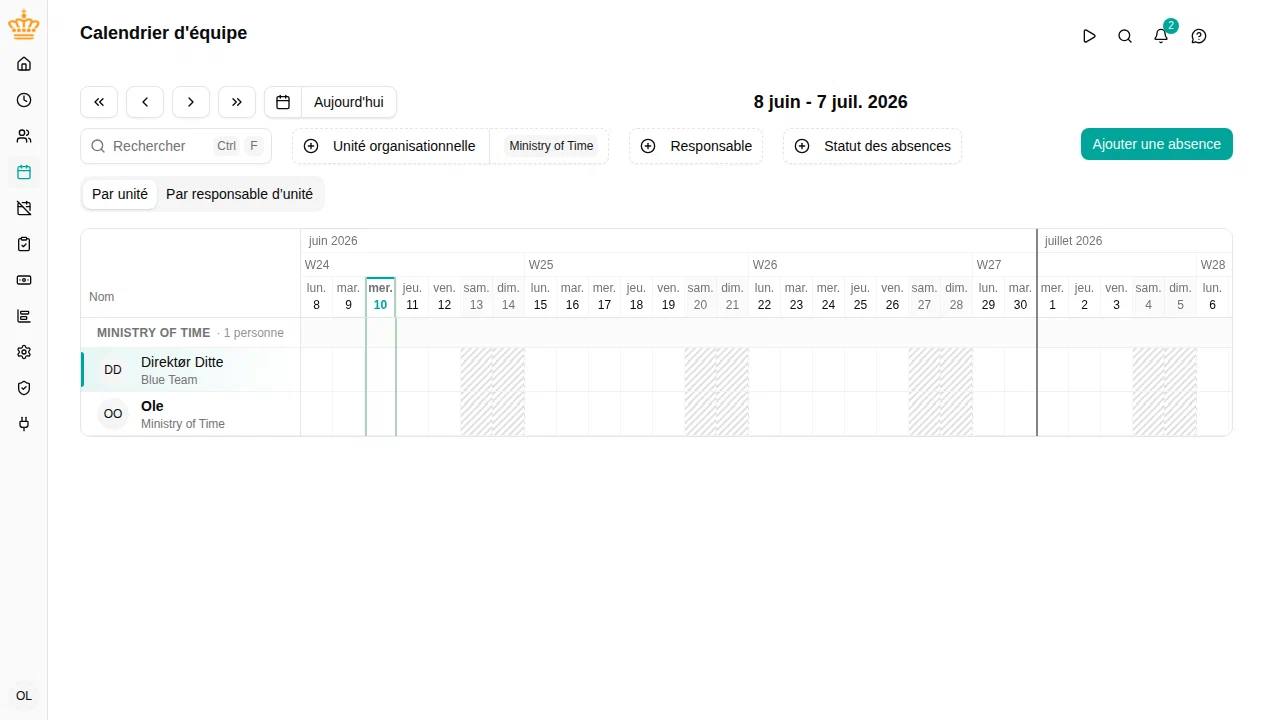 Calendrier d'équipe avec vue chronologique