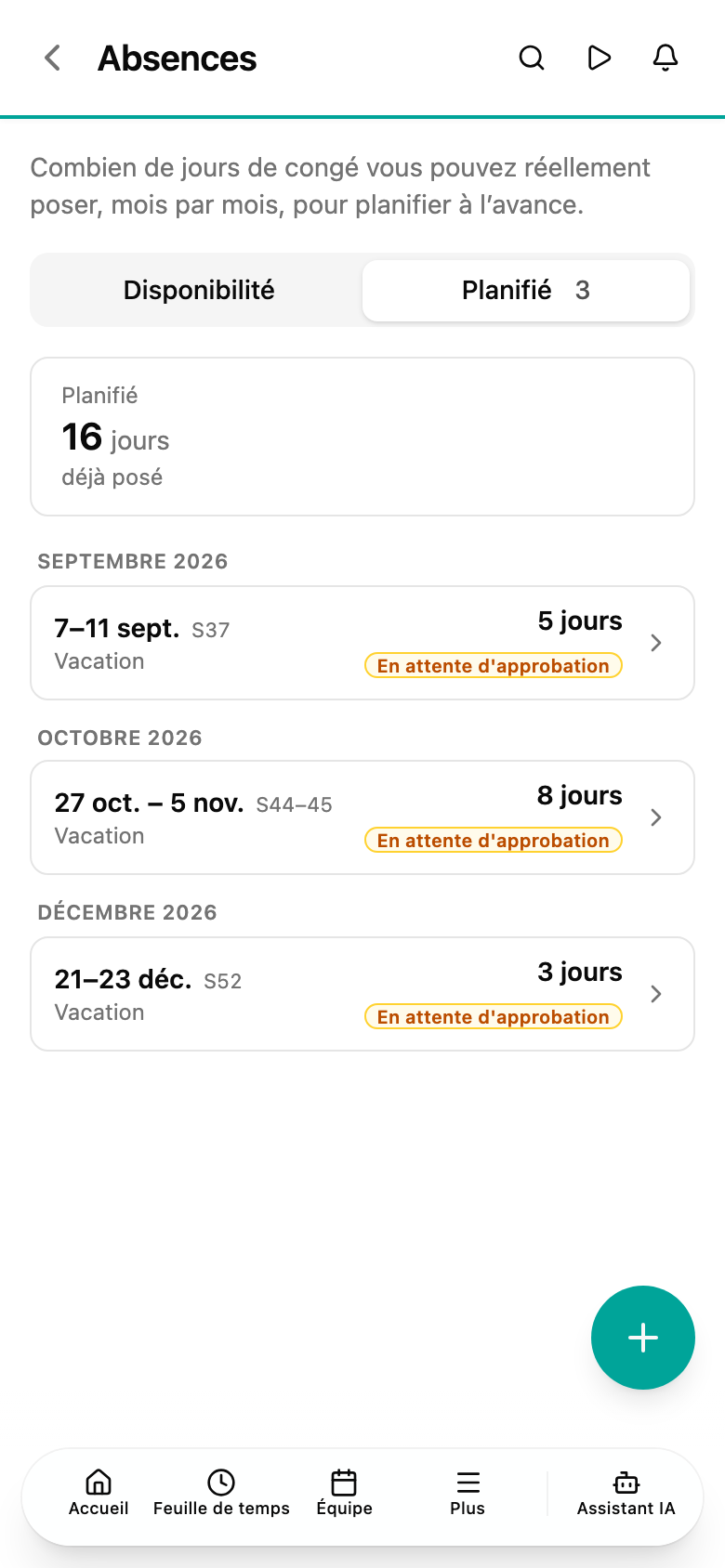 L'onglet Planifié sur téléphone, listant chaque absence
