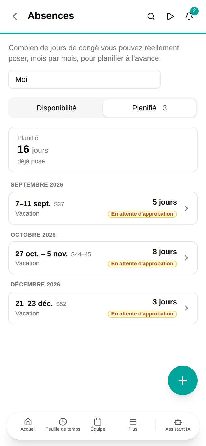 L'onglet Planifié sur téléphone, listant chaque absence