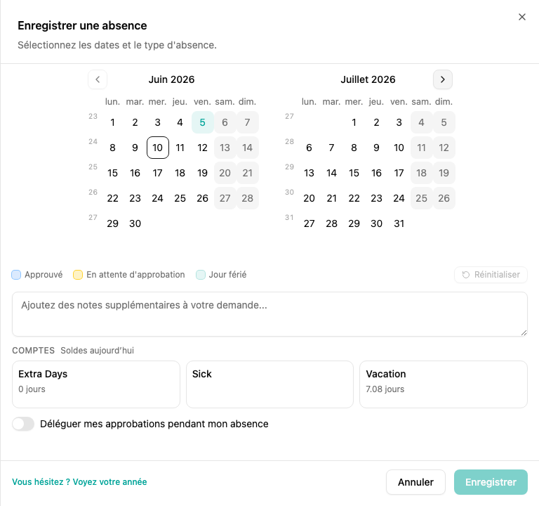 Le formulaire de demande avant toute sélection de date, avec chaque compteur et son solde