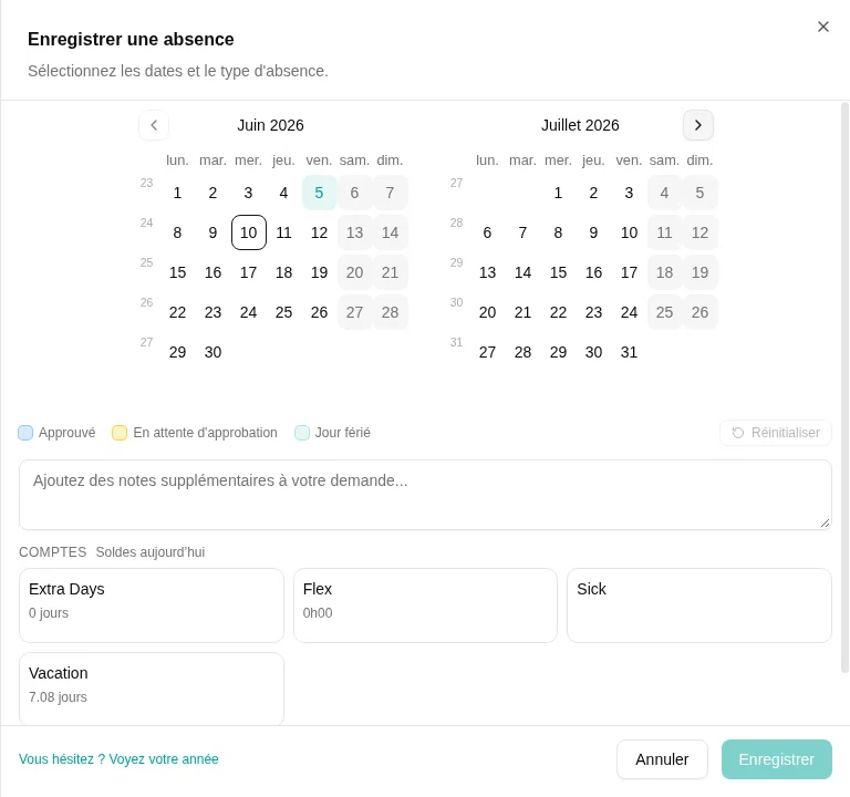 Le formulaire de demande avant toute sélection de date, avec chaque compteur et son solde