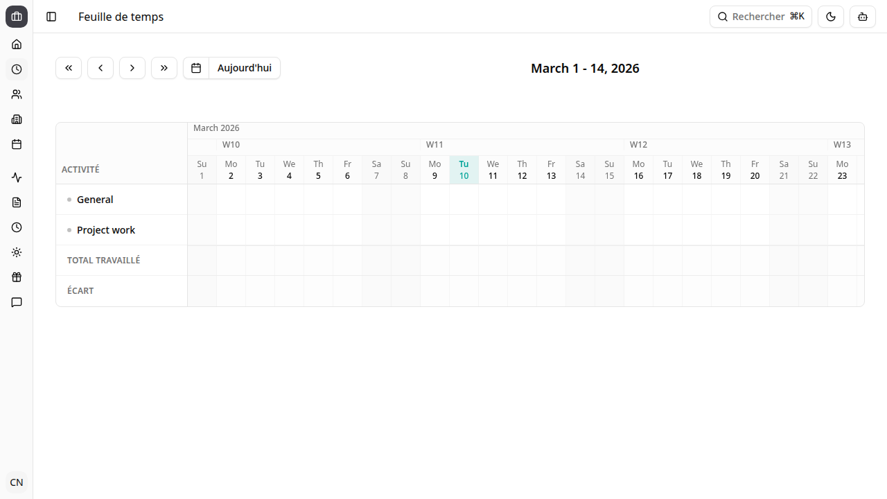 Feuille de temps avec lignes d'activités et totaux journaliers