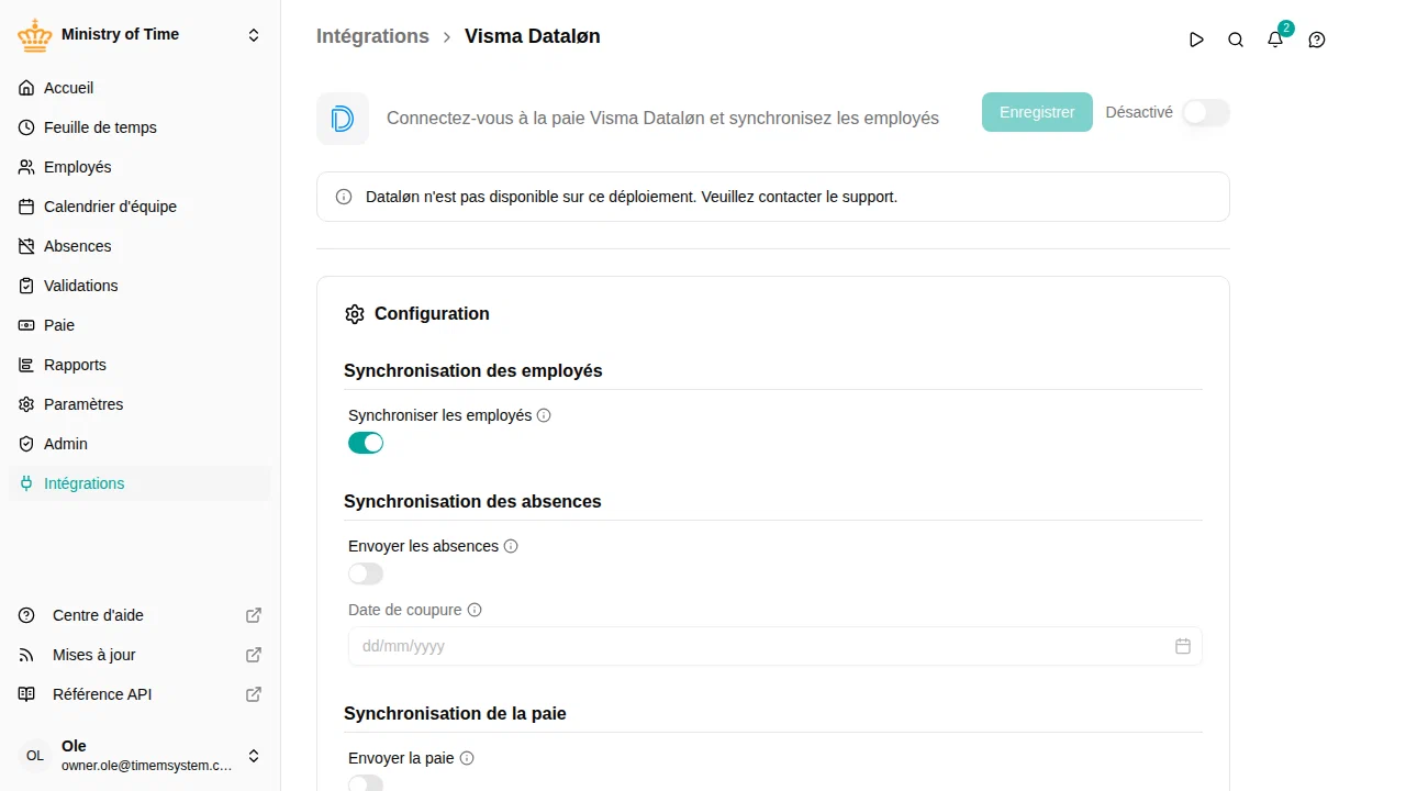 Page de détail de l'intégration Dataløn