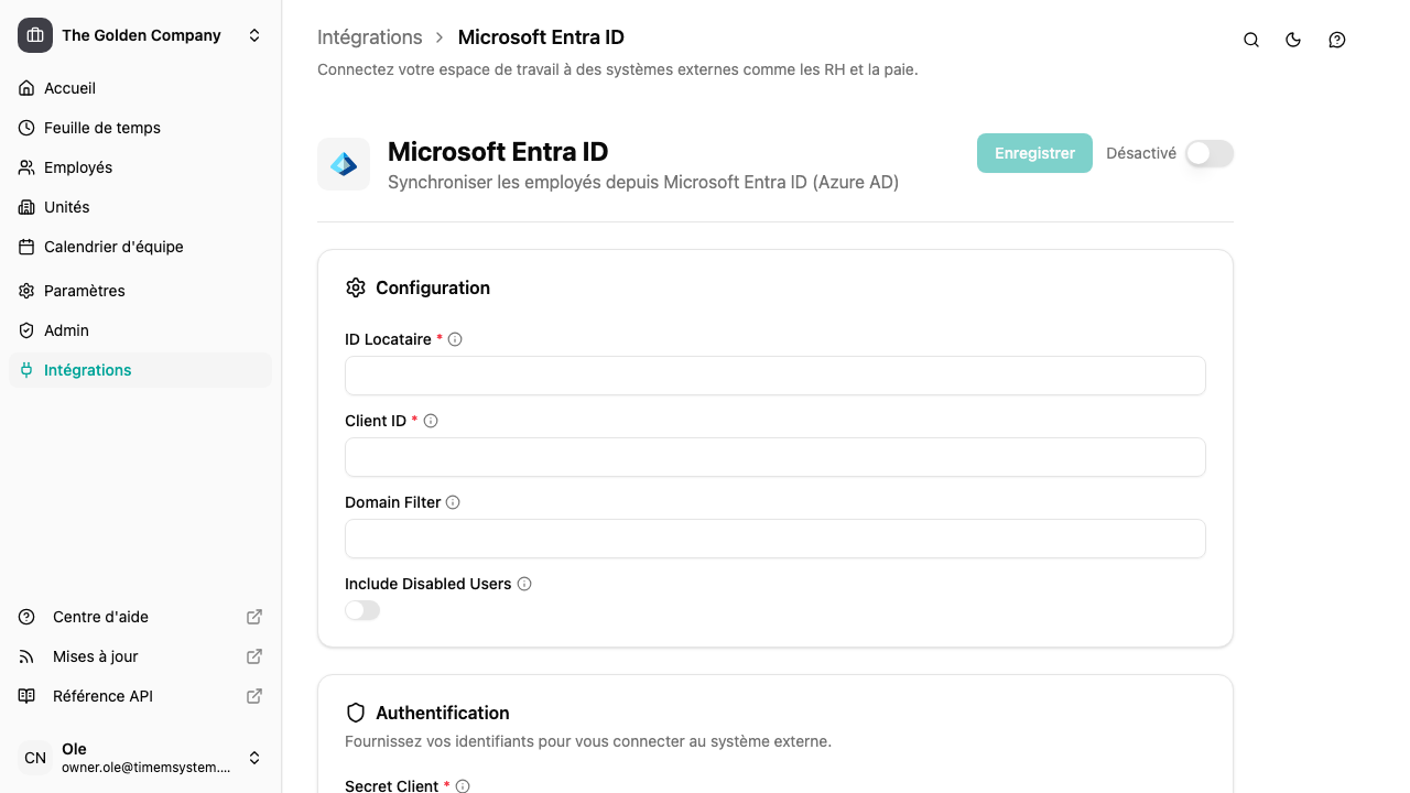 Page de détail de l'intégration Entra ID