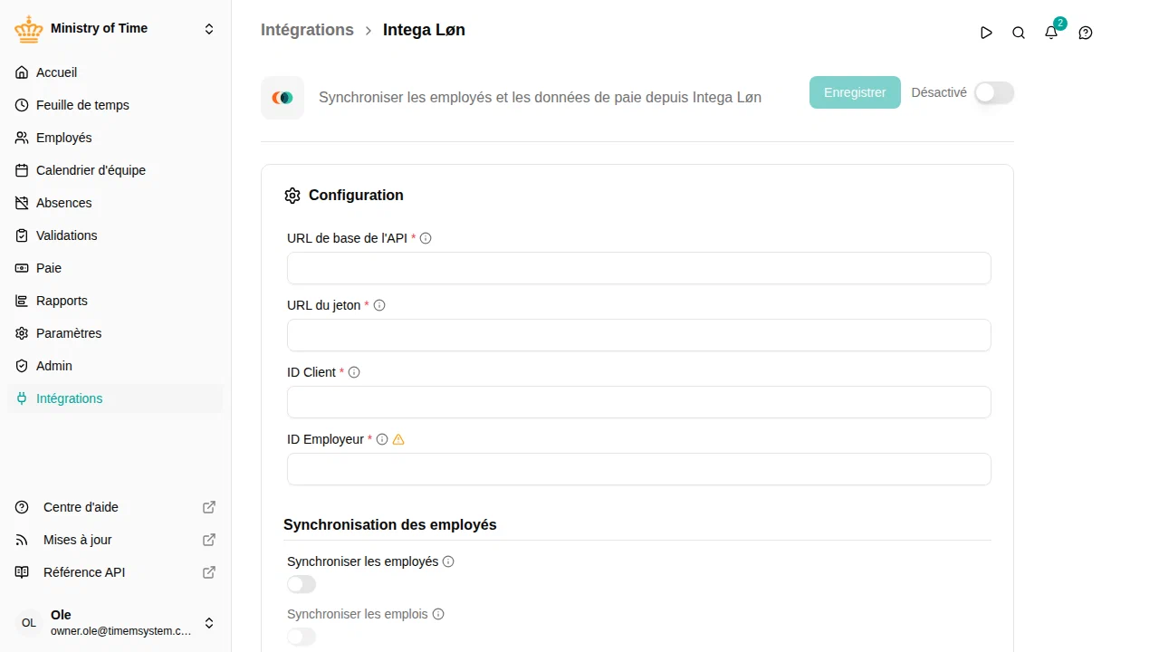Page de détail de l'intégration Intega Løn
