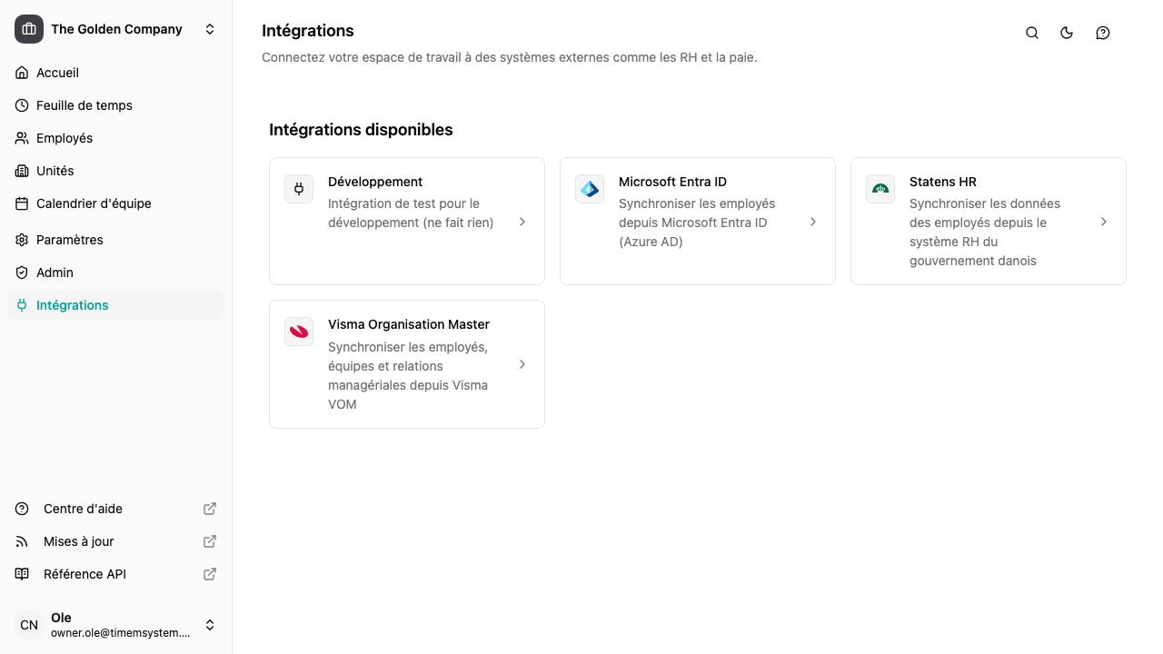 Page de vue d'ensemble des intégrations