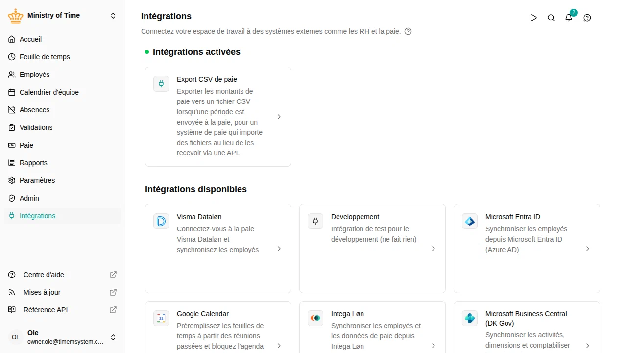 Page de vue d'ensemble des intégrations