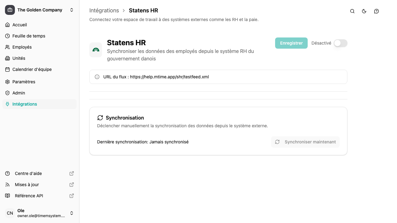 Page de détail de l'intégration SHR