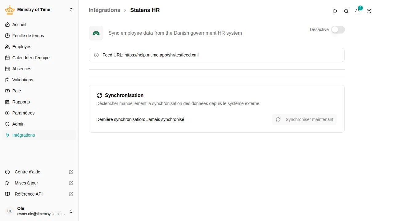 Page de détail de l'intégration SHR