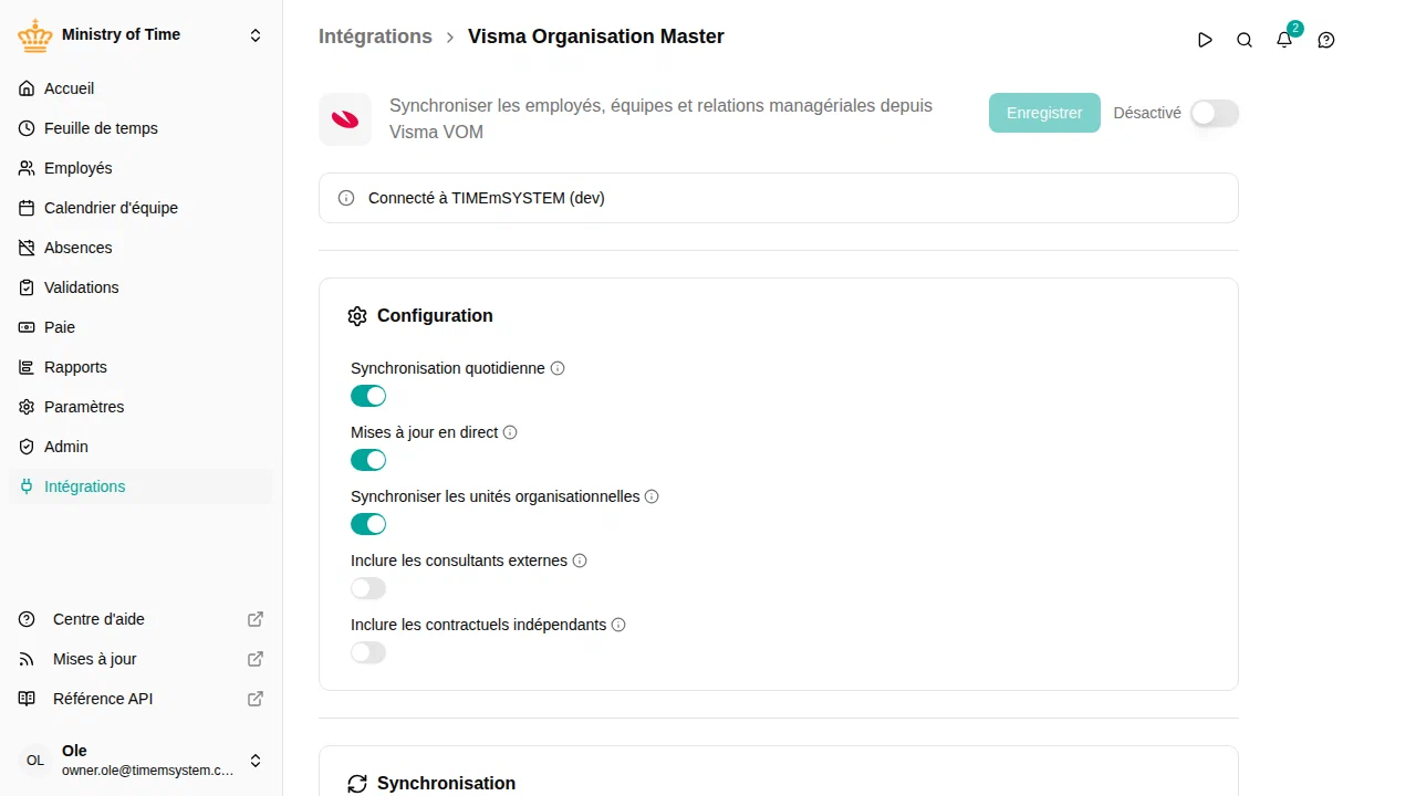 Page de détail de l'intégration VOM